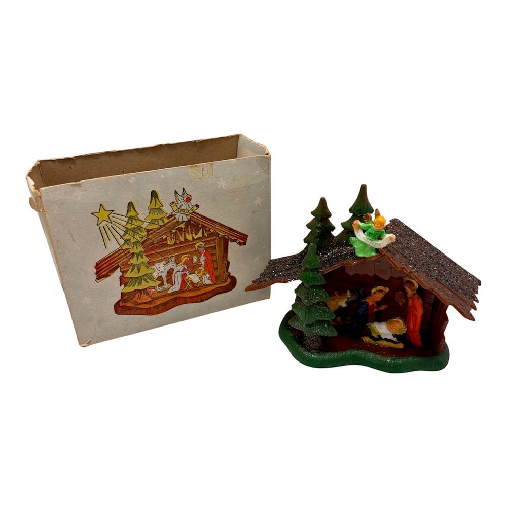 Vtg Mini Plastic Nativity Scene in Box Mid Century Hong Kong Christmas Manger